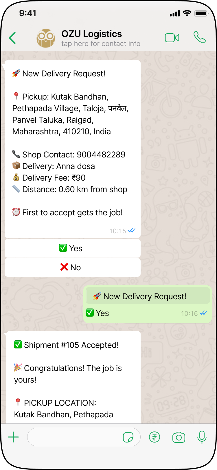 WhatsApp screenshot showing logistics information